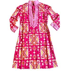 $349‎ TORY BURCH 0/XS Pink Ikat Geometric Cotton Tunic Dress Long Sleeve Resort